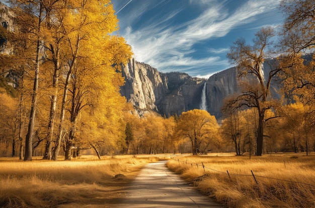 Der goldene Herbstpfad mit majestätischem Bergblick