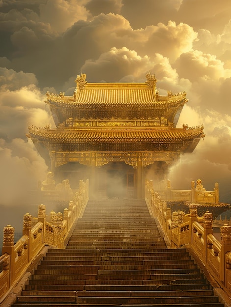 Foto der goldene palast, umhüllt von wolken und nebel im tal