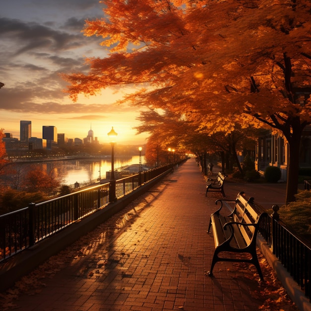 Der goldene Sonnenuntergang über der Stadt hebt das lebendige Herbstblatt und die Ruhe hervor.