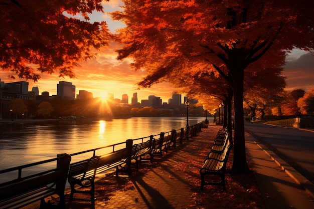 Der goldene Sonnenuntergang über der Stadt unterstreicht das lebendige Herbstblatt und die Ruhe
