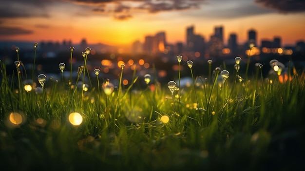 Der goldene Sonnenuntergang wird auf das grüne Gras UHD-Wallpapier reflektiert