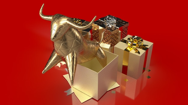 Der goldene Stier und die Geschenkbox auf rotem Hintergrund für die 3D-Rendering des Geschäftskonzepts.