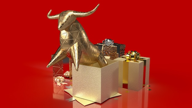 Der goldene Stier und die Geschenkbox auf rotem Hintergrund für die 3D-Rendering des Geschäftskonzepts.