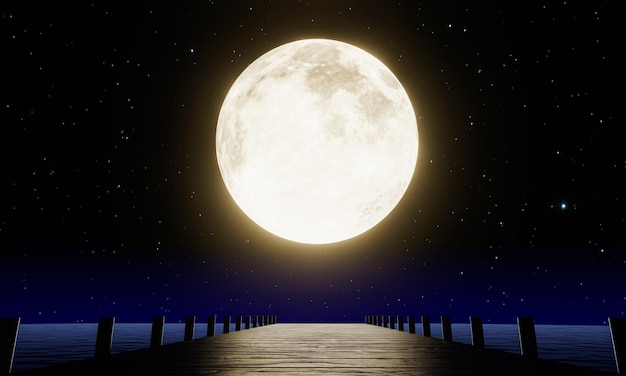 Der goldene Vollmond in der Nacht war voller Sterne und eine schwach nebelverhangene Holzbrücke erstreckte sich ins Meer