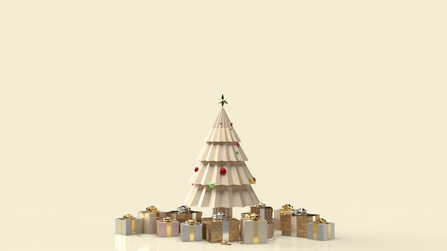 Der goldene Weihnachtsbaum und die Geschenkbox für Neujahrsinhalte