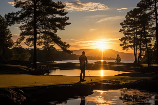 Der Golfspieler konzentrierte sich auf ein sonniges Feld am See IA