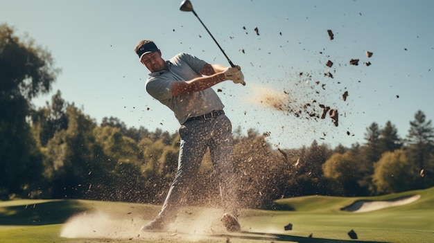 Der Golfspieler schwankte seinen starken Driver, nachdem er den Ball entlang des Fairways gefahren hatte