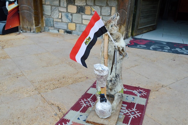 Der graue Hase steht auf dem Teppich, hält die ägyptische Flagge in den Pfoten und raucht eine Wasserpfeife