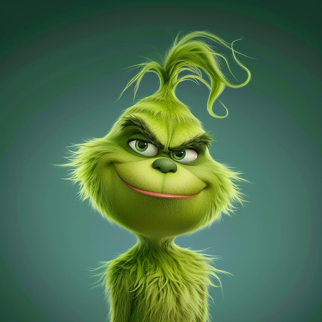 Der Grinch aus dem Jim Carey-Remake mit einem riesigen gruseligen Lächeln, gestaltet wie der Film, farbenfroh.