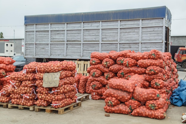 Der größte Markt für Obst und Gemüse Der Lastwagen ist mit verschiedenen gesackten Gemüse beladen Großhandel mit Kartoffeln und Zwiebeln in Säcken direkt aus dem Heck eines Lastwagens