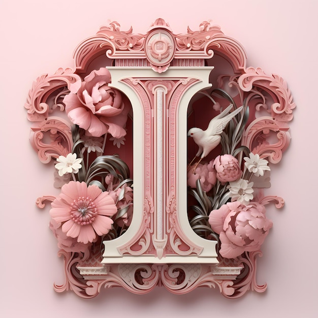 Der Großbuchstaben I in Serif-Schrift, hergestellt im Art Nouveau-Stil auf rosa Blumengrund