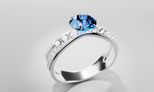 Der große blaue Diamant ist von vielen Diamanten umgeben auf dem Ring aus Platin-Gold auf einem grauen Hintergrund Eleganten Hochzeits-Diamanten-Ring für Frauen 3D-Rendering