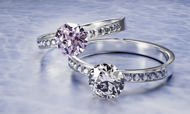 Der große Diamant ist von vielen Diamanten auf dem Ring aus Platingold umgeben, der auf einem grauen Hintergrund platziert ist Eleganter Hochzeitsdiamantring für Frauen 3D-Rendering