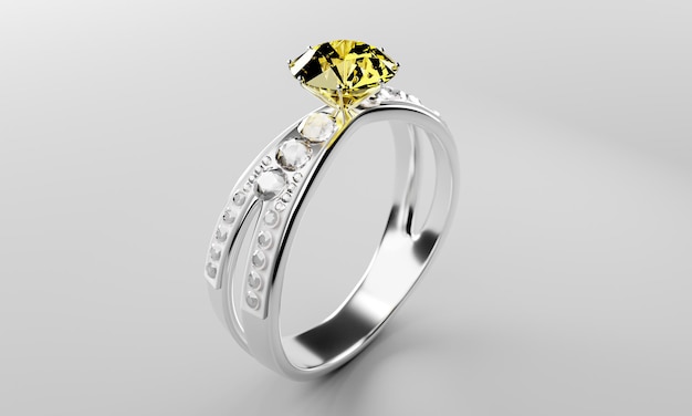 Der große gelbe Diamant ist von vielen Diamanten umgeben auf dem Ring aus Platin-Gold auf einem grauen Hintergrund Eleganten Hochzeits-Diamanten-Ring für Frauen 3D-Rendering
