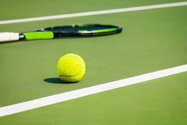 Der grüne Tennisball auf einem Tennisplatz