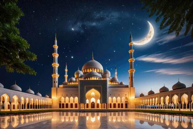 Der Halbmond beleuchtet die Moschee, ihre Silhouette gegen einen sternenreichen Ramadan-Nachthimmel.