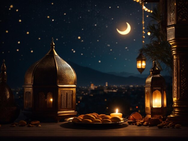 Der Halbmond des heiligen Monats Ramadan in der Nacht das Konzept des Ramadan
