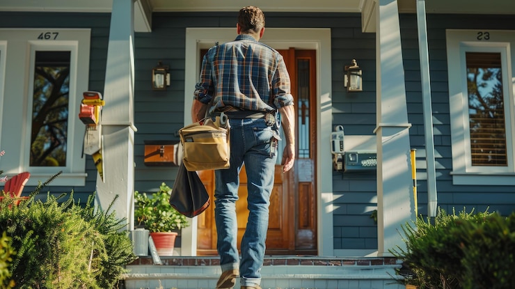 Foto der handwerker betritt das haus mit einem werkzeug selektiven fokus