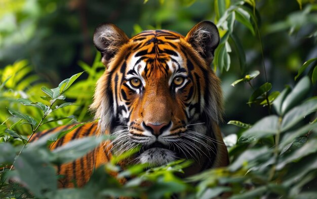 der heftige Ausdruck des Tigers gegen das üppige Laub