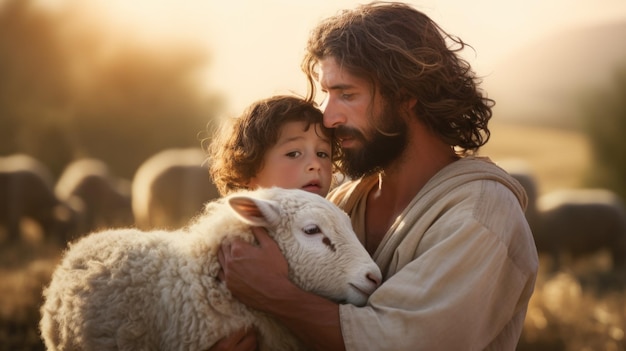 Der heilige Joseph mit dem Jungen Jesus Christus, der Schafe weidet, ist eine Darstellung eines biblischen Dramas, das die heilige Verbindung zwischen dem heiligen Josef und dem jungen Jesus veranschaulicht, während sie sich um die Herde kümmern.