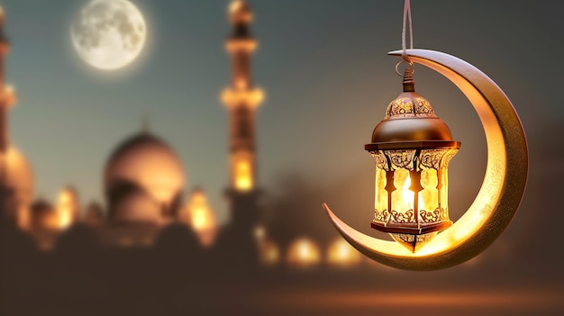 Der heilige Monat Ramadan leuchtende Laterne und 3D-Mond für das Design Ramadan Kareem Rabattverkauf Banner
