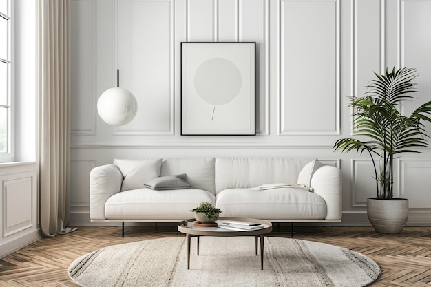 Foto der helle runde couchtisch mit modernem design auf eggshell weißes sofa in modernen französischen hybridräumen