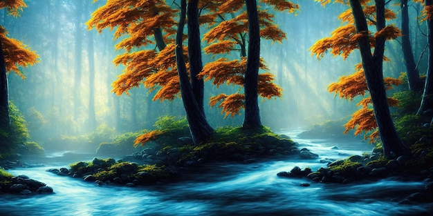 Der Herbst ist im Wald ein Bergfluss fließt im Tal zwischen den Bäumen Gelbes orangefarbenes Laub Die morgendliche Herbstsonne beleuchtet die Äste der Herbstbäume 3D-Darstellung