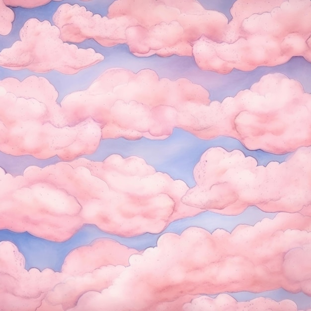 Der Himmel hat flauschige, babyrosafarbene, pastellfarbene Zuckerwattewolken. Generative KI