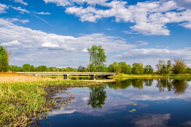 Der Himmel und die Wolken spiegeln sich im Wasser, der See zwischen den grünen Bäumen