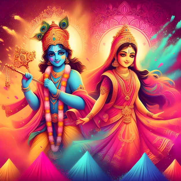 Der hinduistische Gott Krishna und Radha im farbenfrohen Holi-Festivalkonzept