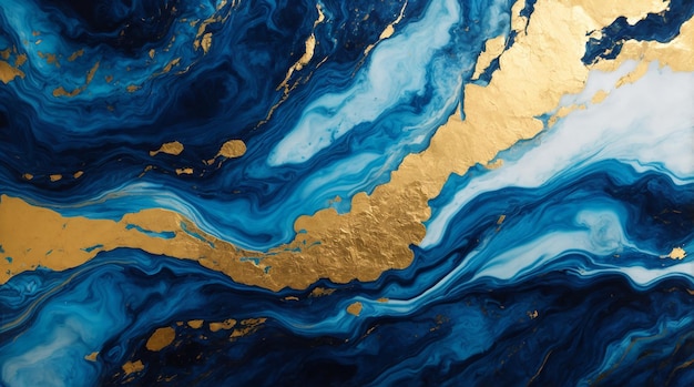 Der Hintergrund des abstrakten Gemäldes besteht aus einem blauen Marmor und einer goldenen Marmorfarbe mit intensiven Farben