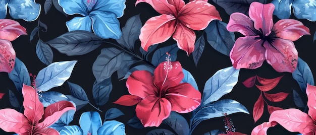 Der Hintergrund dieser Aquarellzeichnung ist eine Blume mit einem nahtlosen Blumenmuster auf einem dunklen Hintergrund