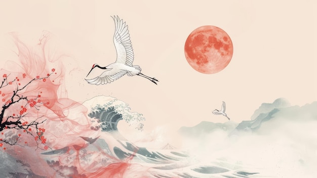Der Hintergrund ist ein japanisches Landschaftsbanner mit in einem Vintage-Stil geschmückten Kranvögeln