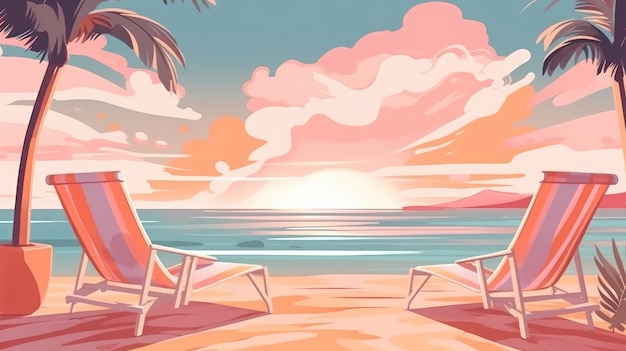 Der Hintergrund ist in Pastellfarben gehalten und zeigt einen tropischen Strand. Illustration Generative KI