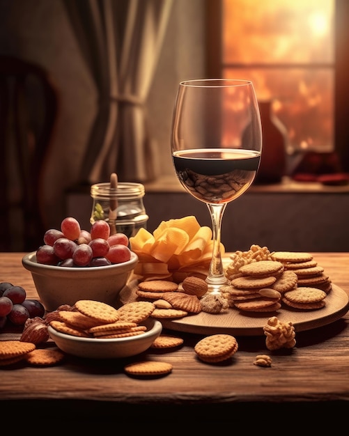 Der Hintergrund verfügt über eine selektive Fokussierung auf Wein und Snacks mit verbesserter generativer KI