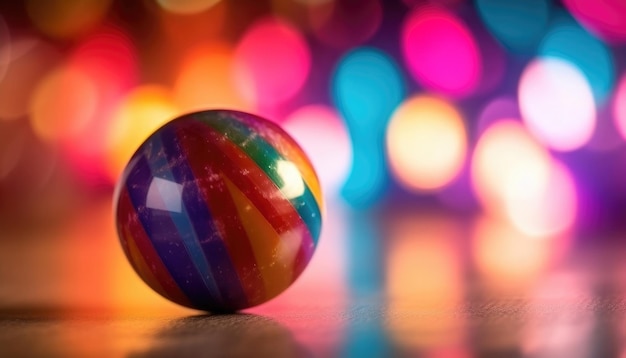 Der Hintergrund zeigt Bokeh-Lichter hinter einer bunten Bowlingkugel. Generative KI