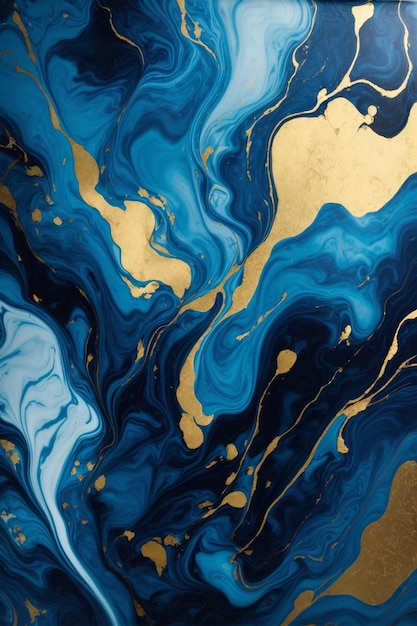 Der Hintergrund zeigt ein abstraktes blau-goldenes Muster, das durch den Fluss von Farben aus einer Marmor-Flüssigfarbe mit goldenen Linien gebildet wird