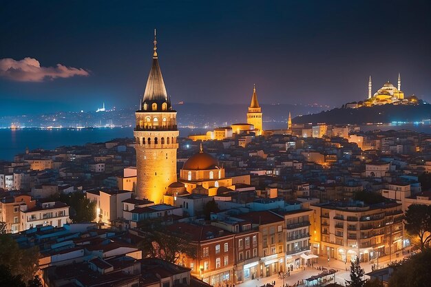 Der historische Bezirk Beyoglu und der beleuchtete Galata-Turm sind ein mittelalterliches Wahrzeichen in Istanbul bei Nacht.