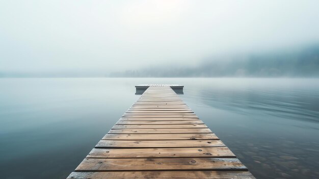 Foto der hölzerne dock ragt in den ruhigen see aus, das wasser ist ruhig und ruhig, es gibt einen dichten nebel auf dem see, der alles geheimnisvoll macht.