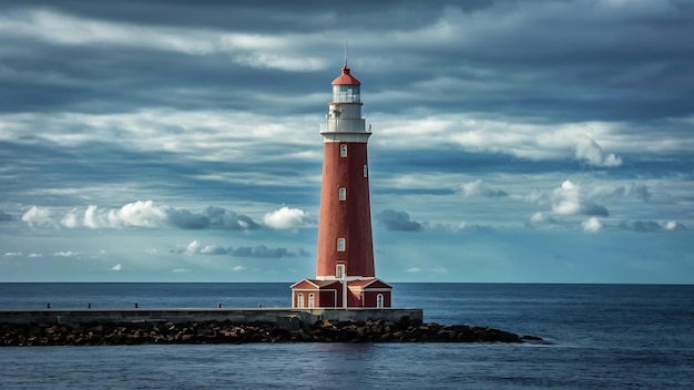 Der hohe Leuchtturm an der Nordsee unter einem bewölkten Himmel