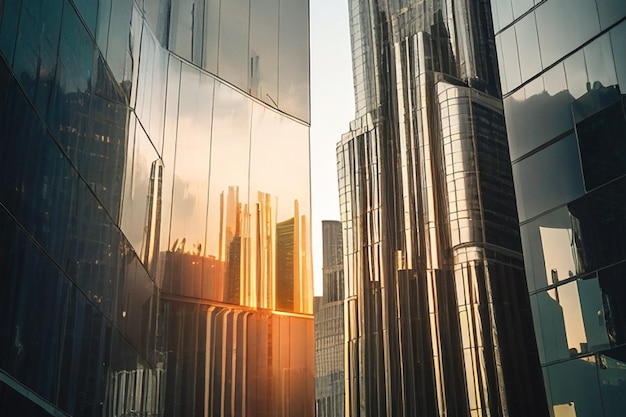 Der hohe Wolkenkratzer aus Stahl spiegelt das moderne Stadtleben in der Abenddämmerung wider