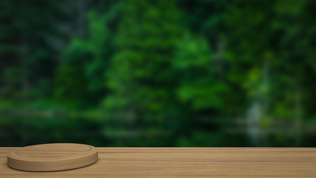 Der Holztisch und der grüne Waldhintergrund 3D-Rendering