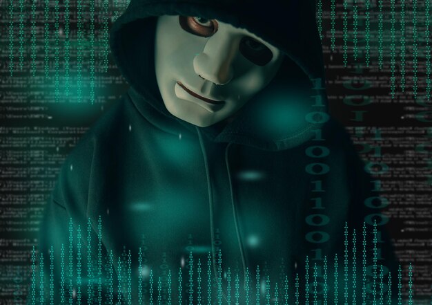 Der Hooded Hacker hat ein Binärcode-Charakter-Hacking- und Malware-Konzept