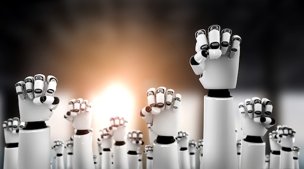 Der humanoide Roboter feiert den Erfolg, der durch den Einsatz von KI erzielt wird