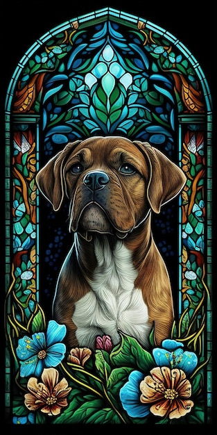 Der Hund auf Buntglas-Illustration zeigt eine treue Hundefigur, umgeben von lebendigen und kunstvollen Buntglas-Designs. Das Bild strahlt ein Gefühl von Loyalität und Hingabe aus