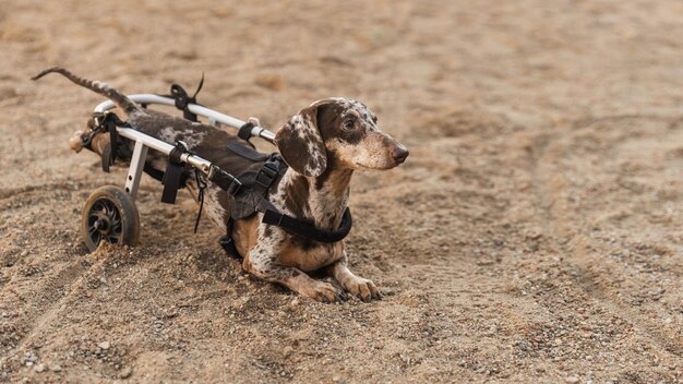 Der Hund im Rollstuhl ruht auf dem Sand