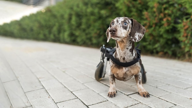 Foto der hund im rollstuhl schaut weg, da ist ein leerer platz zum einfügen