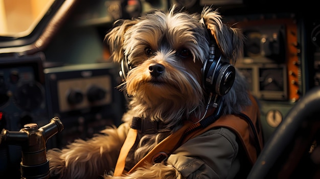 der Hund in einem Mini-Cockpit eines Spielzeugflugzeugs