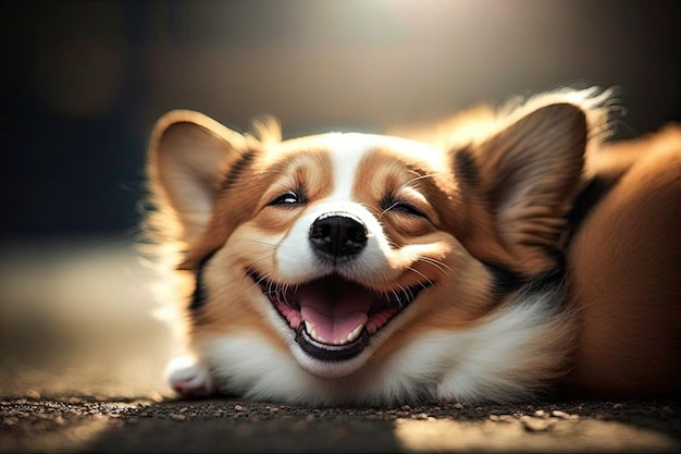 Der Hund liegt auf dem Rücken und zeigt seine Zähne, wenn er lächelt