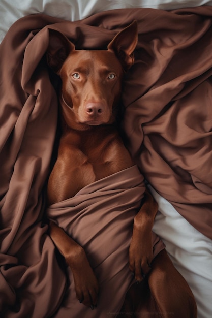 Der Hund liegt im Bett unter den Decken